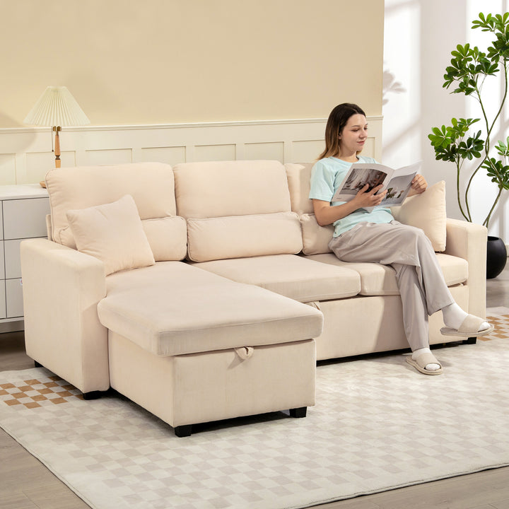 Justerbar sovesofa, L-formet gæstesofa med sengefunktion, opbevaringsplads, hynder, til stue, gæsteværelse, beige