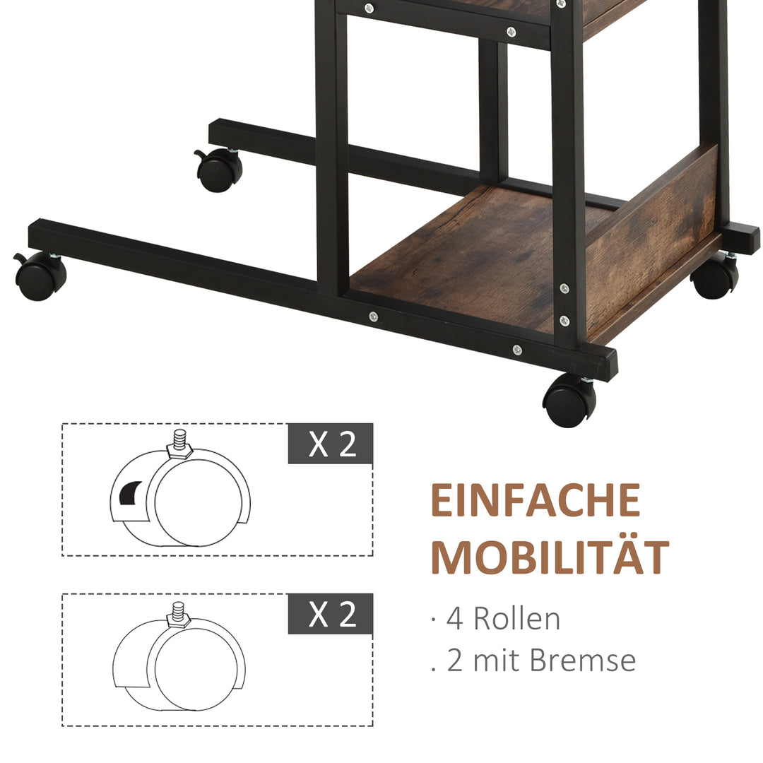 Sidebord med hjul, højdejusterbart, kompakt, 2 hylder, metalstel, 80x40x72-82 cm, brun/sort