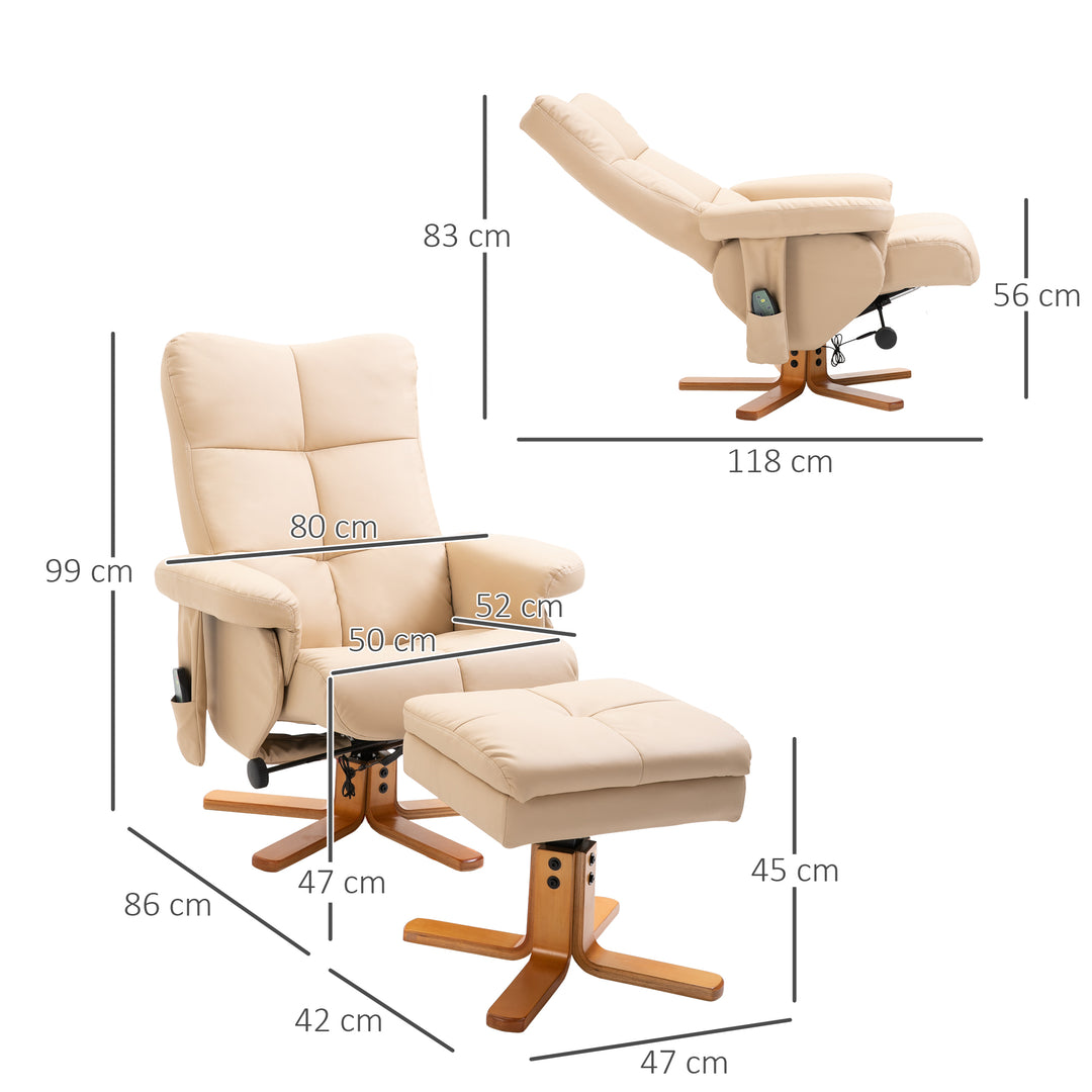 Afslappende stol massagestol med fodskammel opbevaringsplads hvilefunktion tv-stol med massagefunktion tv-stol 145° vipbar polyester cremehvid 80 x 86 x 99 cm