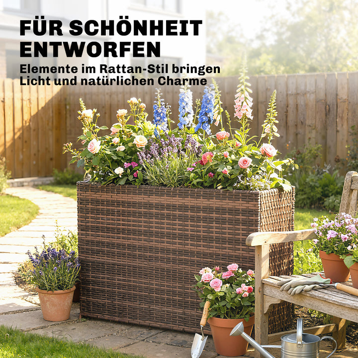 Hævet havebed med justerbare fødder, rattan blomsterkasse med aftagelig indsats til terrasse og balkon, brun