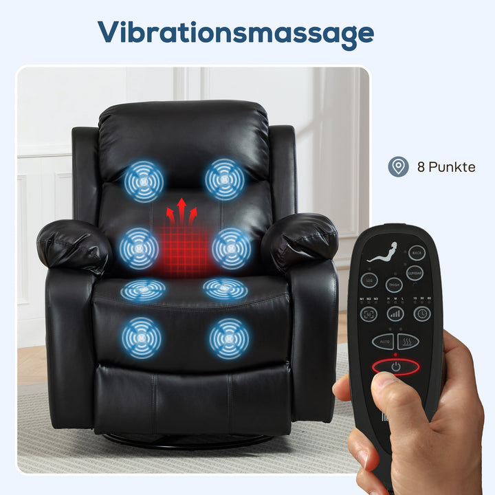 Massagestol med 8 vibrationshoveder, lænestol, justerbar ryglæn + fodstøtte, sort