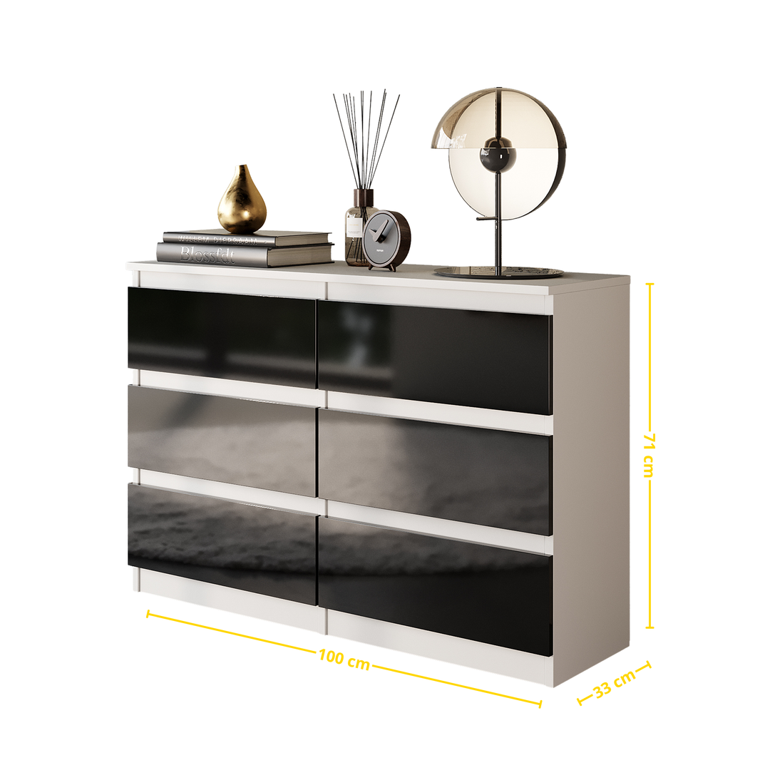GABRIEL - Kommode / skænk med 6 skuffer - Hvid Mat / Sort Højglans H71cm B100cm D33cm
