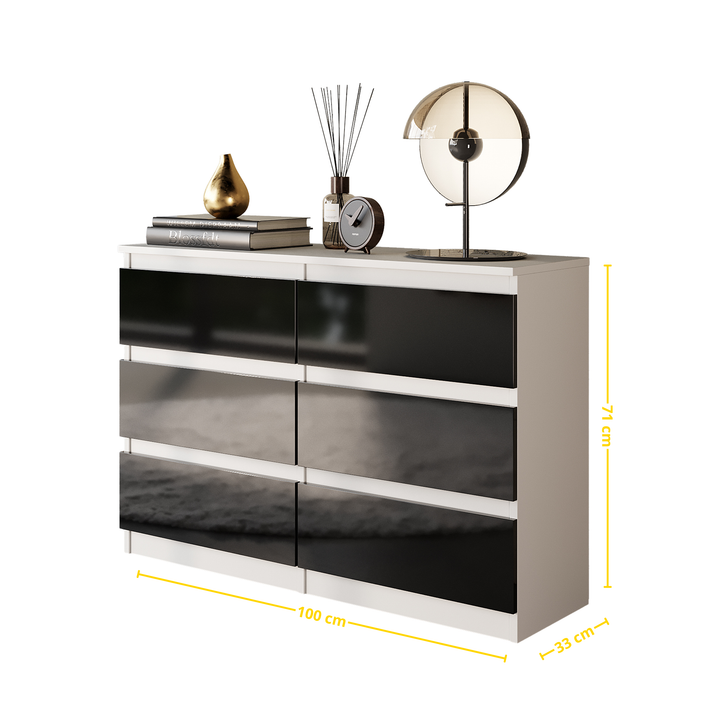 GABRIEL - Kommode / skænk med 6 skuffer - Hvid Mat / Sort Højglans H71cm B100cm D33cm