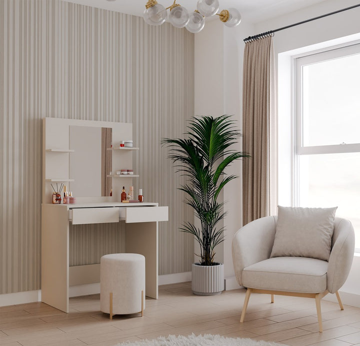 Elegant sminkebord med spejl og 4 hylder, kashmir-farvet