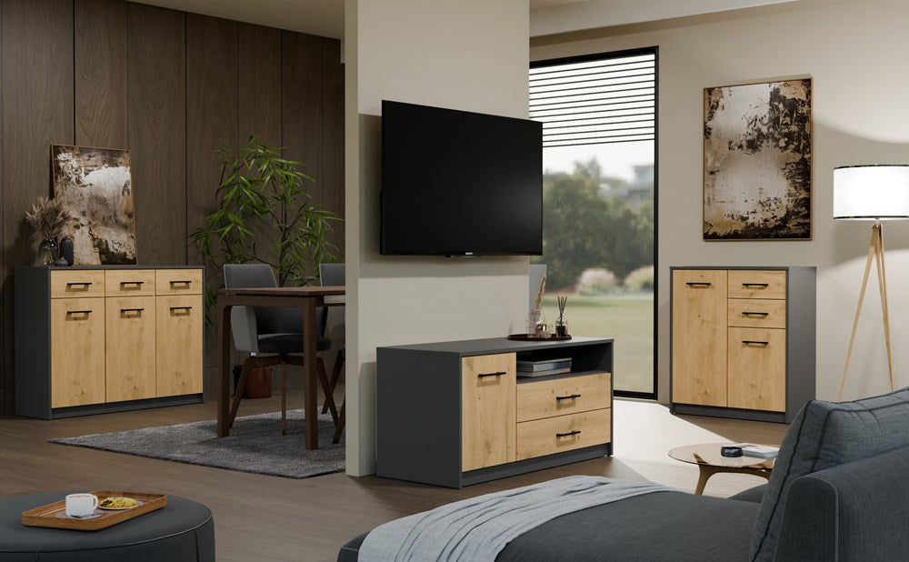 Moderne TV-bord / TV-skab, kommode,  antracit og naturfarvet