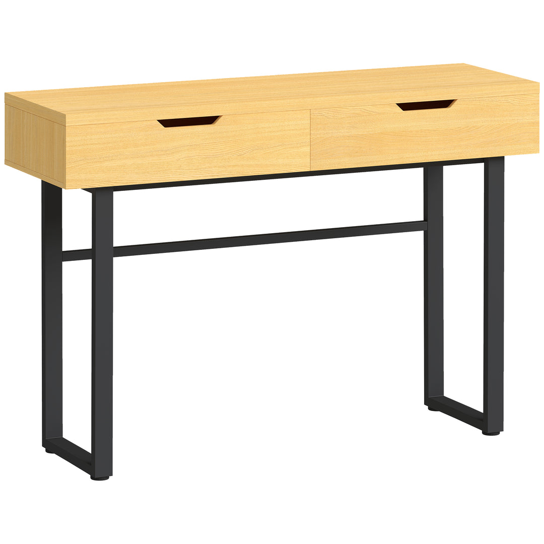 Konsolbord, smalt entrebord med 2 skuffer, metalstel, til entre, 110 x 35 x 76,5 cm, naturlig finish