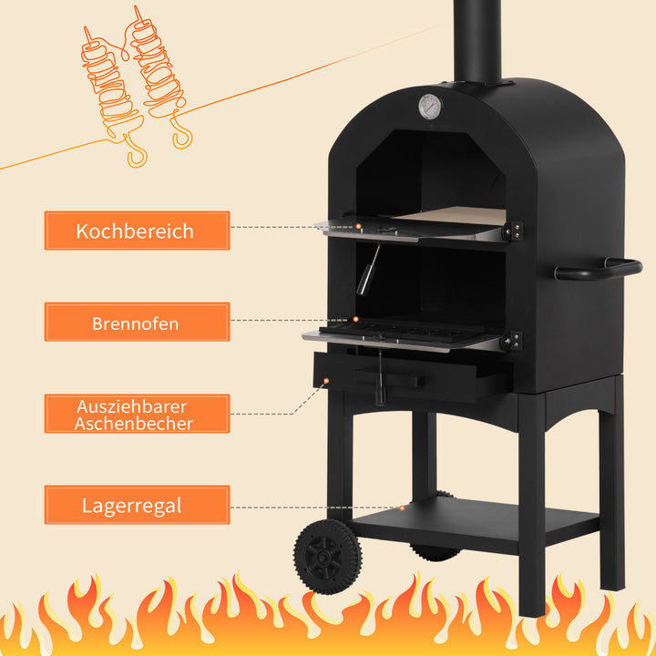 2-I-1 udendørs pizzaovn med hjul, grillovn med beskyttelsesdæksel, pizzaspade, 2 grillnet, grillvogn med skorsten, 3-etagers brændefyret ovn til grill, stål, sort og sølv, 63 x 54 x 161 cm