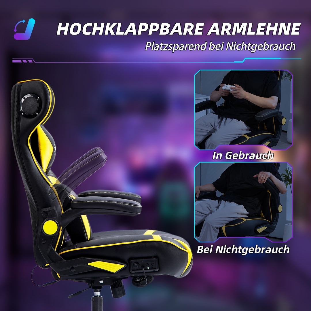 Gamingstol med vippefunktion og højttaler, lænde- og nakkestøtte, til legerum, kunstlæder, gul+sort