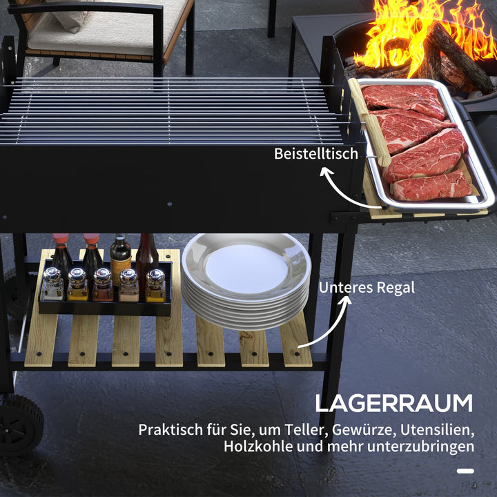 Kulgrill, grillvogn, 2 grillflader, 2 hjul, håndtag, hylder, 113 x 53,5 x 82,5 cm, sort