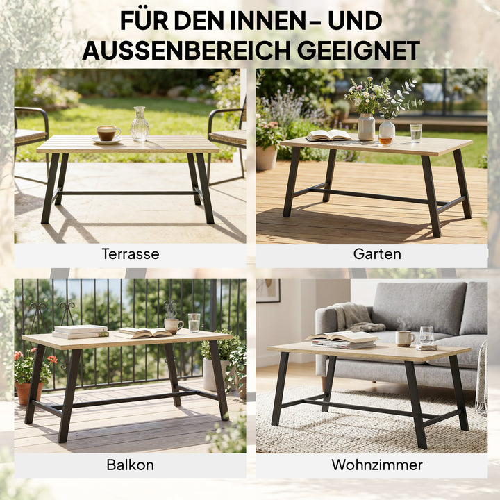 Udendørs sofabord, rektangulært metal sidebord med bordplade i trælook, 100 x 55 cm, brun