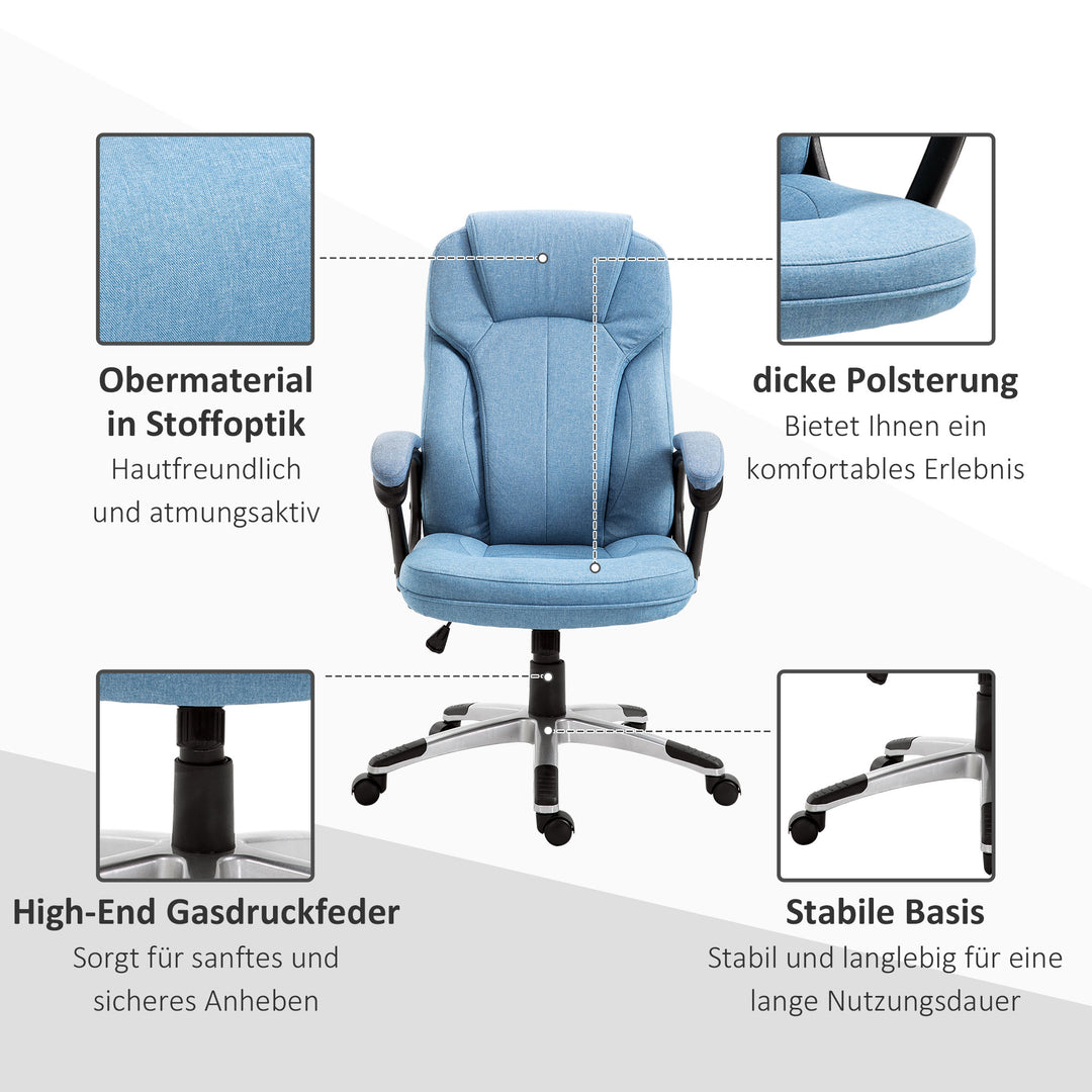 Kontorstol, computerstol, drejestol, højdejusterbar, vippefunktion med nakkestøtte og polstrede armlæn, ergonomisk, lyseblåt hør, 66 x 75 x 110-120 cm