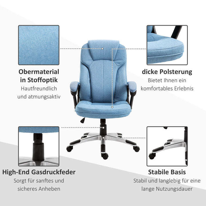 Kontorstol, computerstol, drejestol, højdejusterbar, vippefunktion med nakkestøtte og polstrede armlæn, ergonomisk, lyseblåt hør, 66 x 75 x 110-120 cm