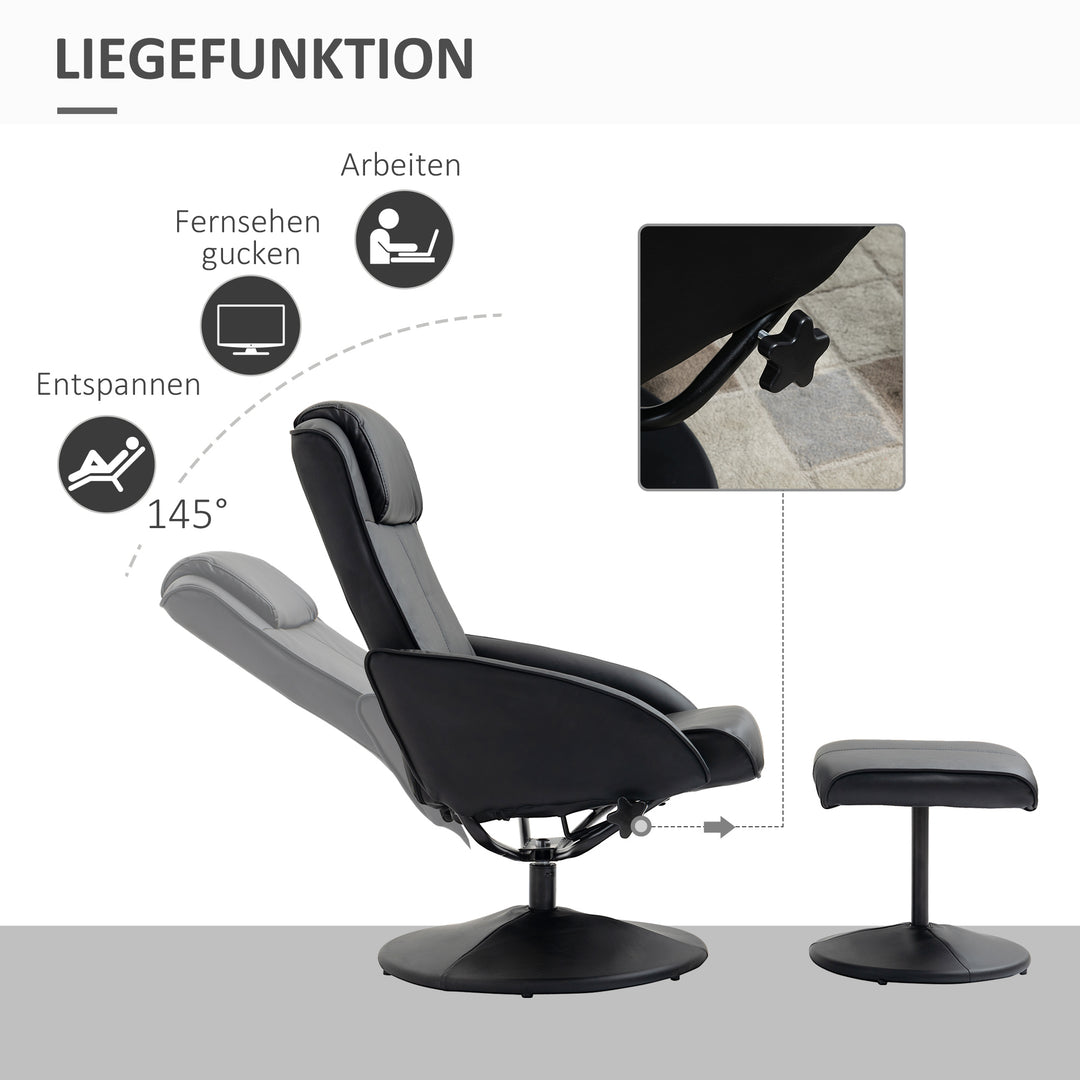 Lænestol med fodskammel, betræk i kunstlæder, lænestol, ergonomisk design, sort