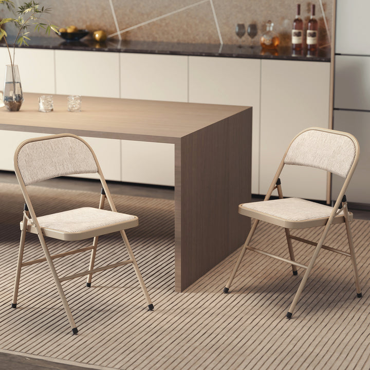 Sæt med 2 klapstole, bærbare kontorstole, metalben, klapstol til kontor, reception, venteværelse, linnedlook, beige