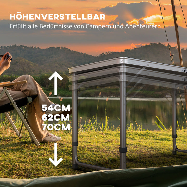 Sammenklappeligt campingbord, let, højdejusterbart, aluminiumsstel, 240 x 60 x 54/62/70 cm, sort
