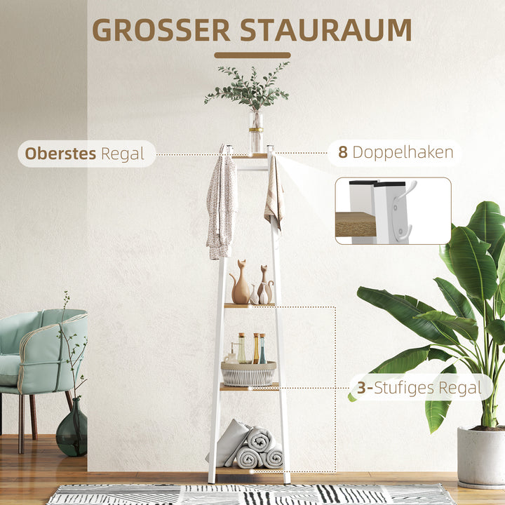Tøjstativ, trapezformet design, tre etager, 8 dobbelte knager, stål, hvid+eg