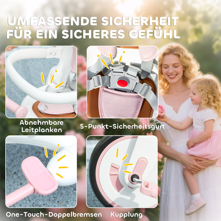 Børnetrecykel, konvertibel babyvogn, 5-i-1 design, aftageligt skubbehåndtag, justerbar, sikkerhedssele, opbevaringstaske, 1-3 år, pink