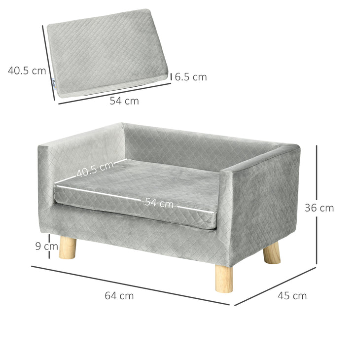 Hundesofa med træben, hundeseng, kæledyrssofa, hundemåtte til små hunde op til 8 kg, fløjlsagtig, grå, 64 x 45 x 36 cm