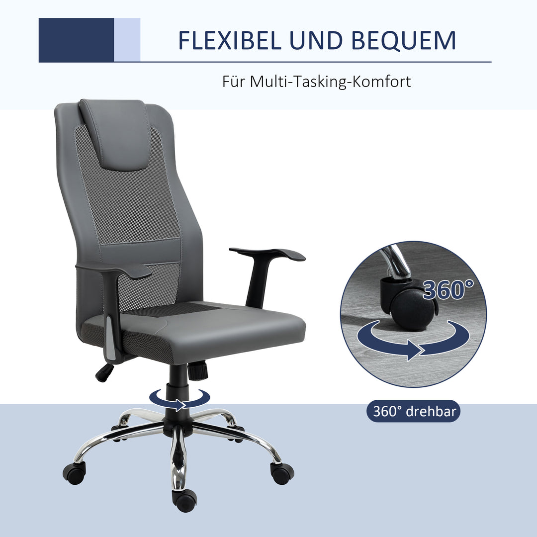 Kontorstol, drejestol, højdejusterbar chefstol, ergonomisk skrivebordsstol, kunstlæder, grå, 66 x 73 x 108-118 cm