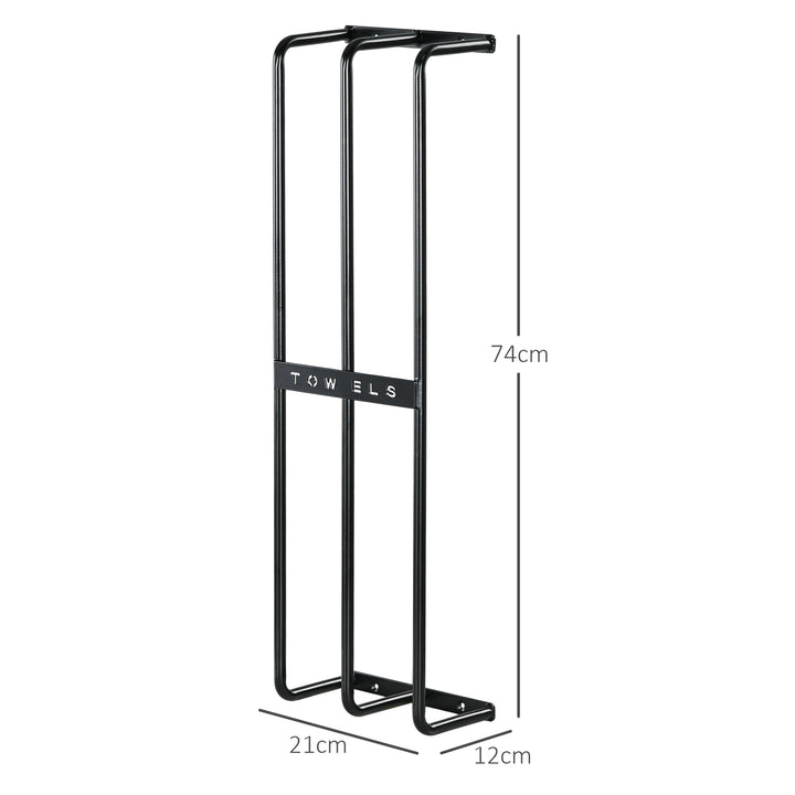 Håndklædeholder, vægbeslag til 6 store håndklæder, metal, 21 x 12 x 74 cm, sort