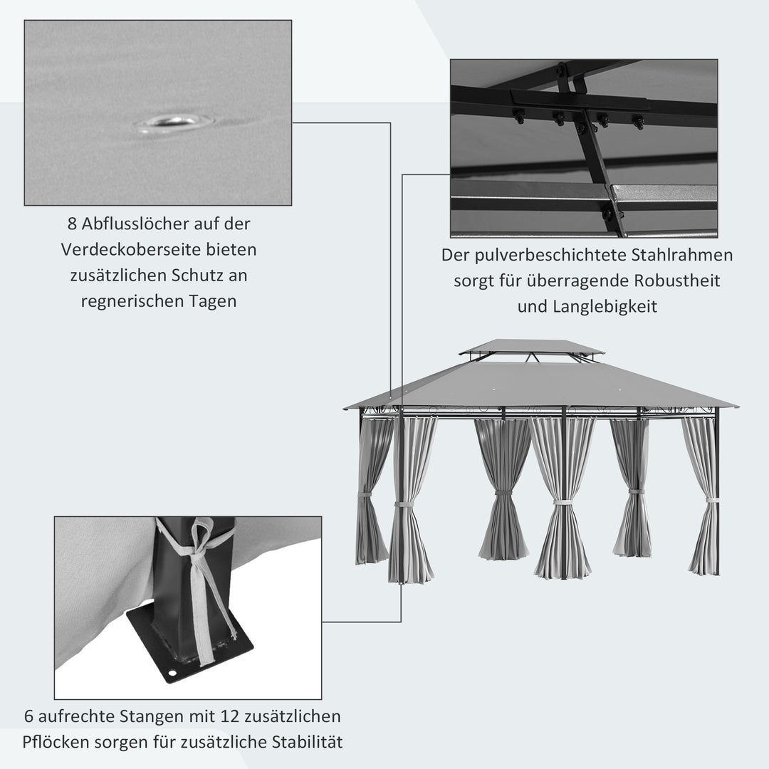Pavilion 3x4m havepavillon med 6 sidepaneler festtelt havetelt med dobbelt tag mørkegrå