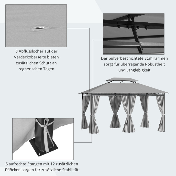 Pavilion 3x4m havepavillon med 6 sidepaneler festtelt havetelt med dobbelt tag mørkegrå