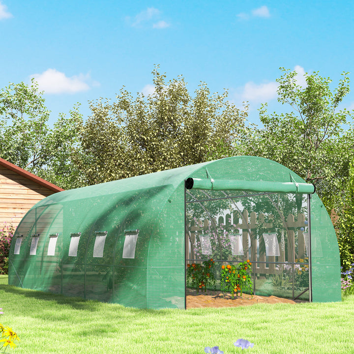 Polytunnel drivhus med plastikdæksel og stålramme, walk-in drivhustelt med rulledøre, grøn