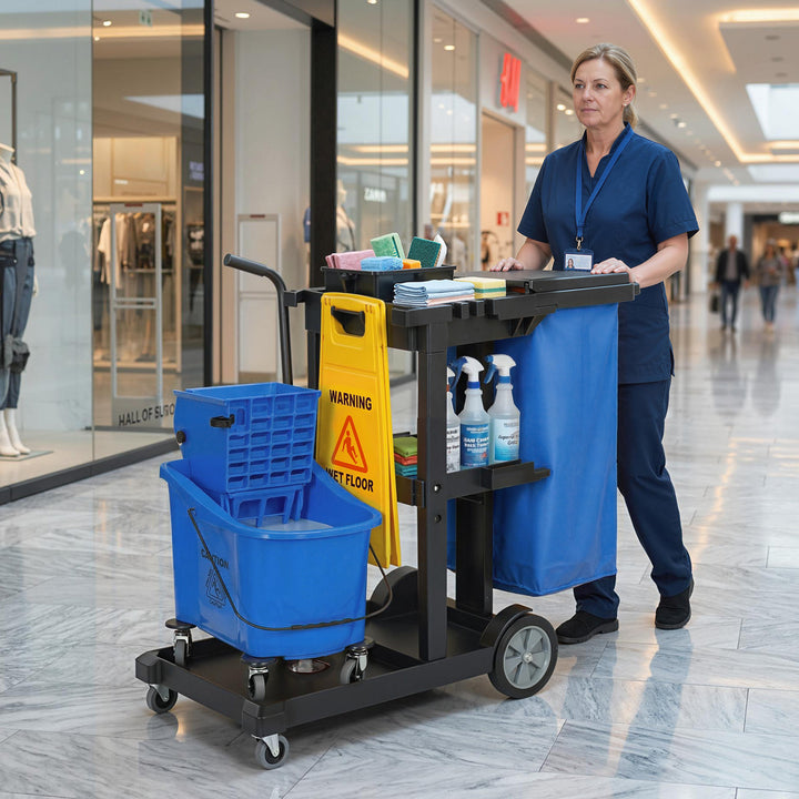 Rengøringsvogn, rullende rengøringsvogn med 3 hylder, 70-liters affaldspose, moppespand, blå