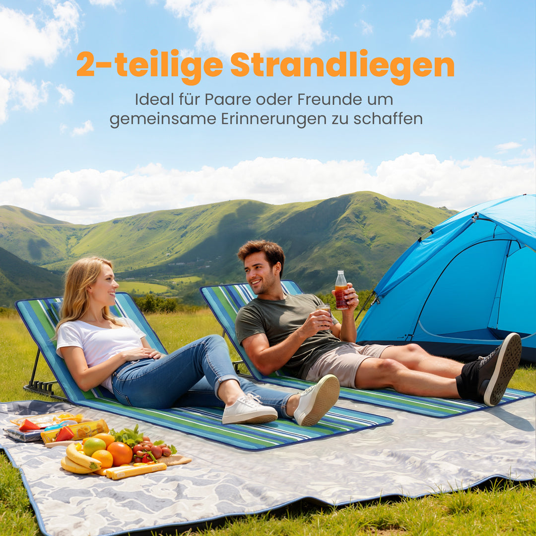 Sæt med 2 strandmåtter med justerbar ryglæn, foldbar, letvægts strandstol med nakkestøtte og opbevaringstaske