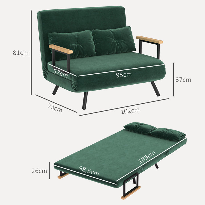 Sovesofa 2-personers sofa fløjlsofa, sovefunktion, inkl. 2 hynder, fløjlslook, naturlig + grøn