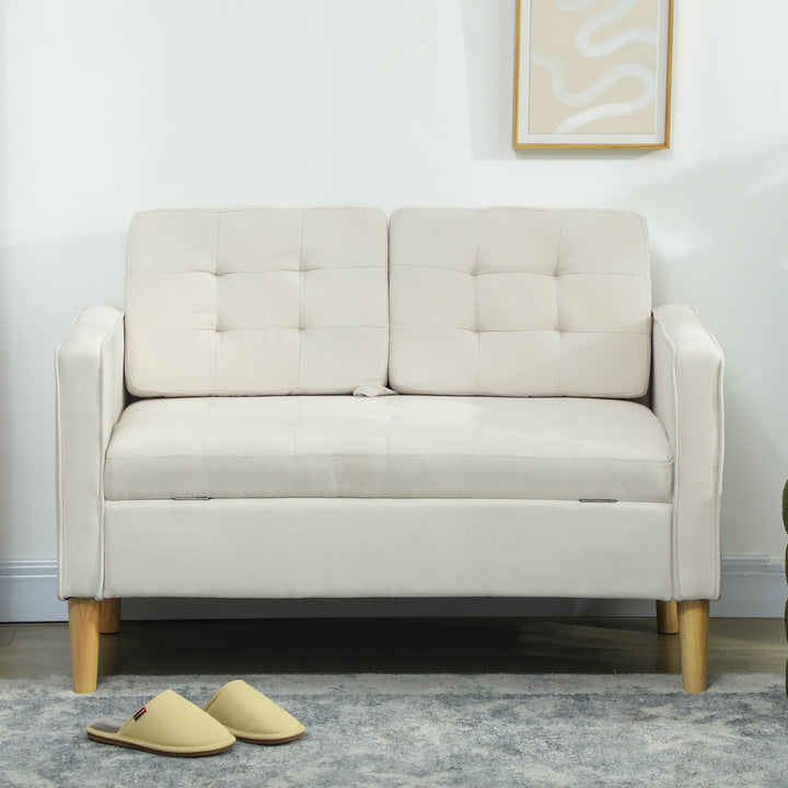 To-personers sofa med opbevaring, knapsyet kant, hynder, gummitræ, 117x62x78 cm, cremehvid