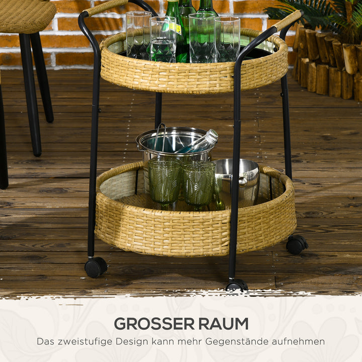 Udendørs serveringsvogn, 2 etager, bremser, polyrattan, metalramme, ø50 x 66h cm, gul