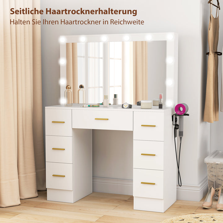 Toiletbord med spejl og 12 led-lys, sminkebord med 7 skuffer, 6 skjulte opbevaringsrum, spånplade, hvid
