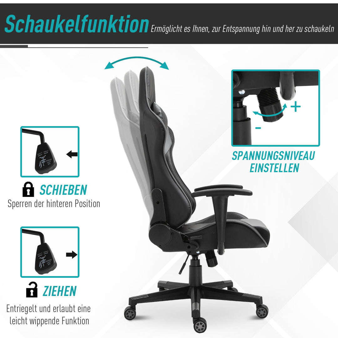 Ergonomisk kontorstol, gamingstol, drejestol, kunstlæder, skum, sort, 67,5 x 74 x 126-136 cm