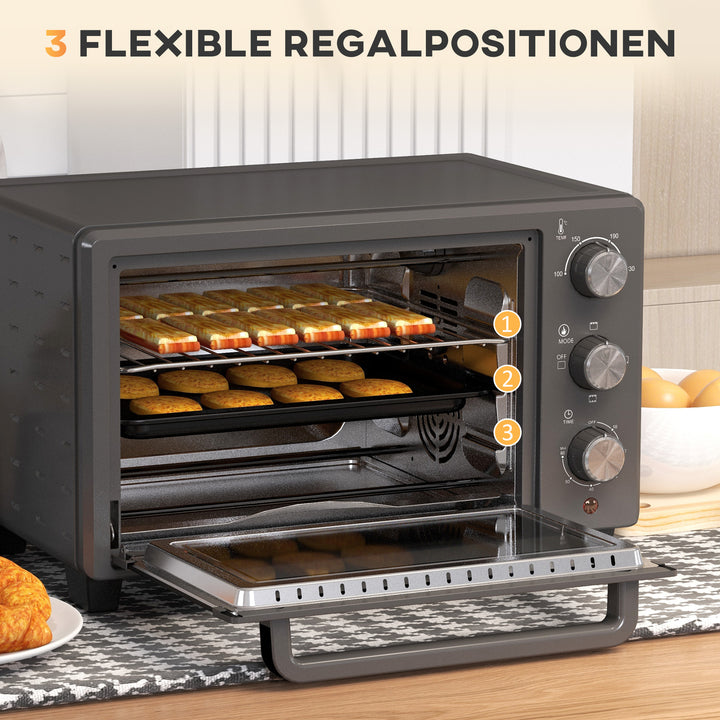 Miniovn, 21 l brødristerovn, 1 rist og 1 bageplade, 3 tilberedningstilstande, 100°c-230°c, rustfrit stål, glas, grå