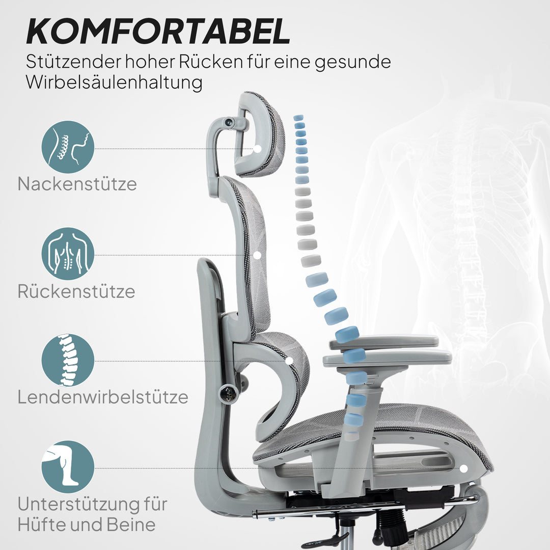 Kontorstol, ergonomisk skrivebordsstol med betræk af netstof, justerbar, mobil, med armlæn og nakkestøtte, grå