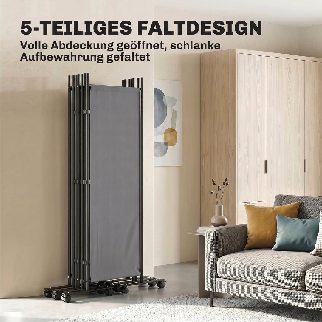 5-panels rumdeler, 252 x 40 cm, fritstående skærm med 12 hjul, foldbar skillevæg, gør-det-selv, mørkegrå