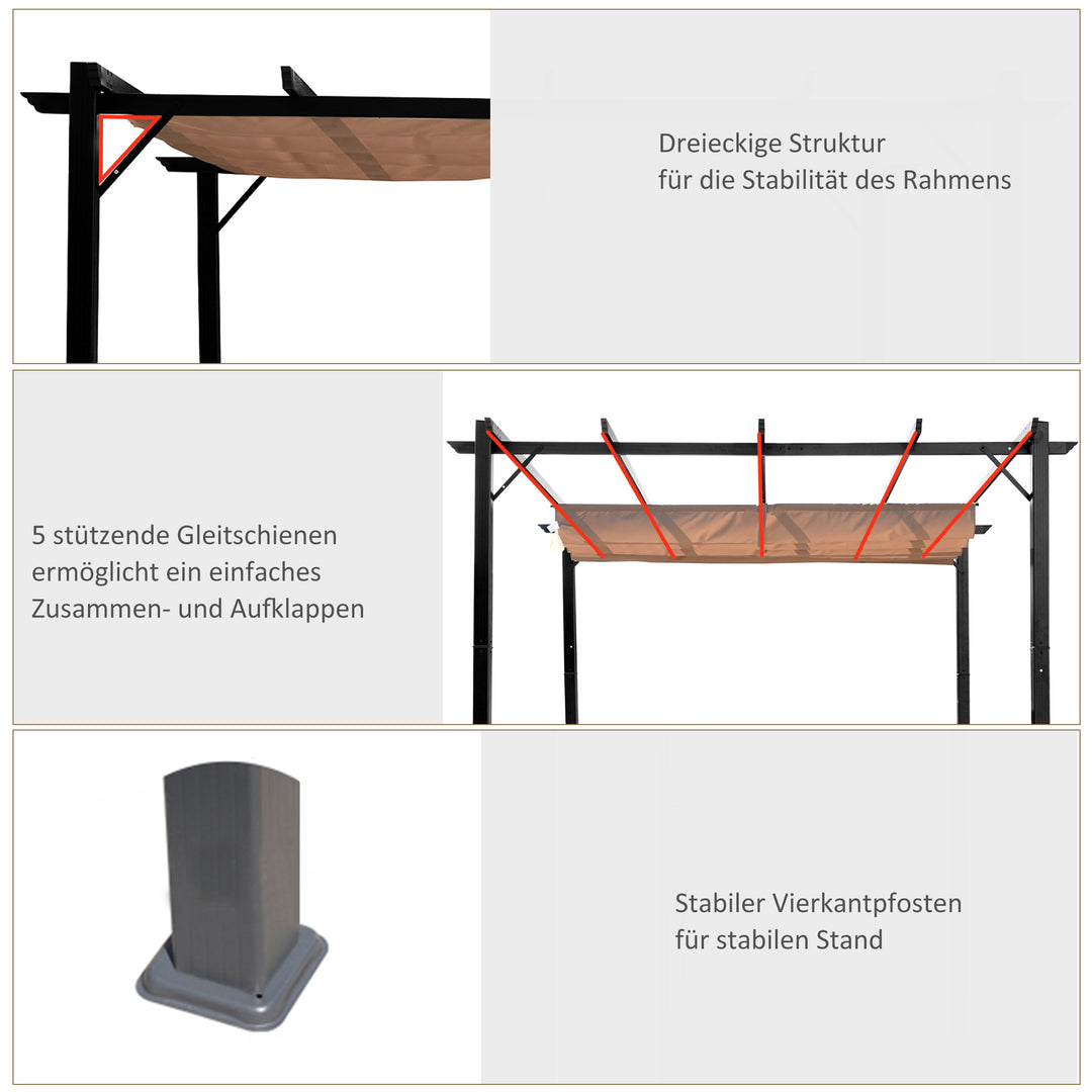 Pergola pavillon med justerbart stoftag 3 x 4 m terrassebaldakin aluminium solskærm baldakin terrasse have grå+brun