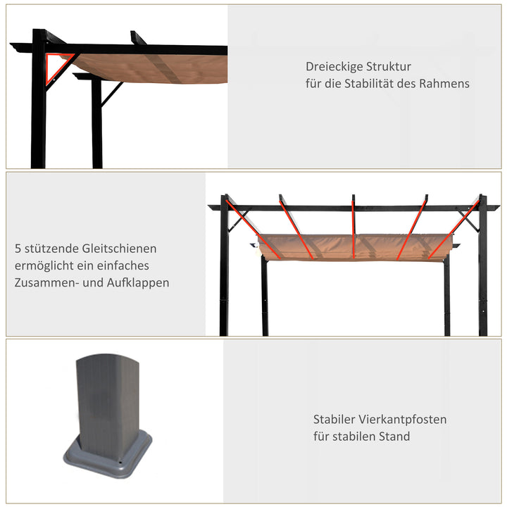 Pergola pavillon med justerbart stoftag 3 x 4 m terrassebaldakin aluminium solskærm baldakin terrasse have grå+brun