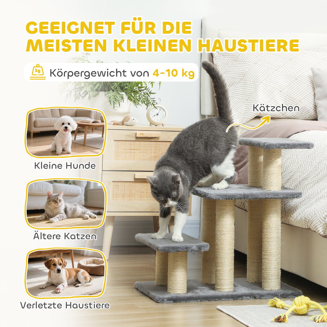 Hundetrappe, 3 trin, 54 cm høj, kæledyrstrappe til små hunde og katte med sisal kradsetræer og legetøjsbold