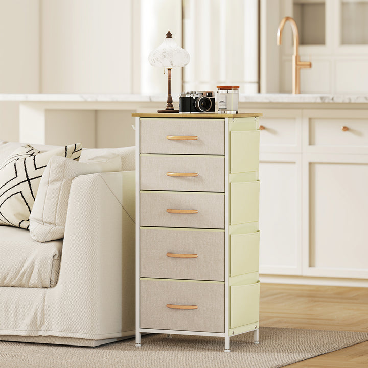 Kommode med 5 skuffer i fiberdug med kroge, beige