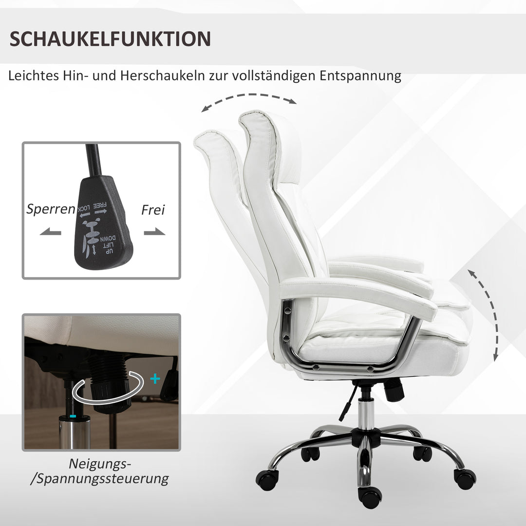 Kontorstol, ergonomisk skrivebordsstol, højdejusterbar drejestol med vippefunktion, diamantmønster, kunstlæder, polstret chefstol, hvid