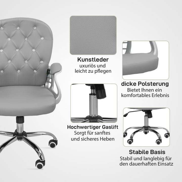 Kontorstol, ergonomisk skrivebordsstol med armlæn, polstret ryglæn, lysegrå