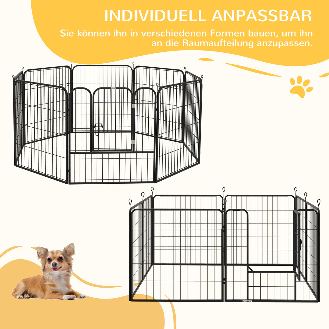 Hvalpegård, sæt med 8 dele, 80 cm høj, hvalpegård med aflåselig dør, 8 stålnetpaneler, hundegård, udendørs indhegning til små og mellemstore hunde, til indendørs og udendørs brug, grå