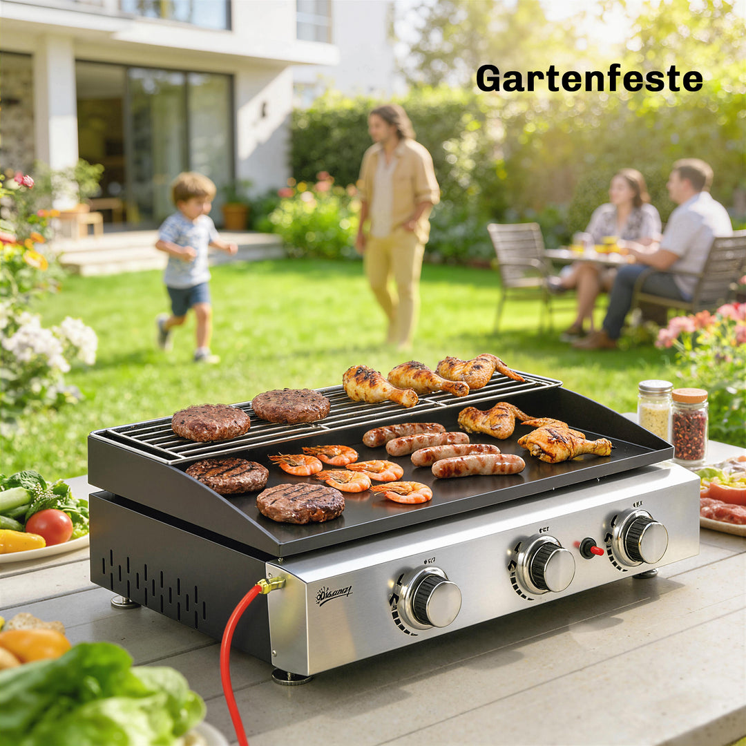 Gasgrill 7,5 KW Bærbar bordgrill med 3 brændere Keramisk belægning Grillrist Varmeplade