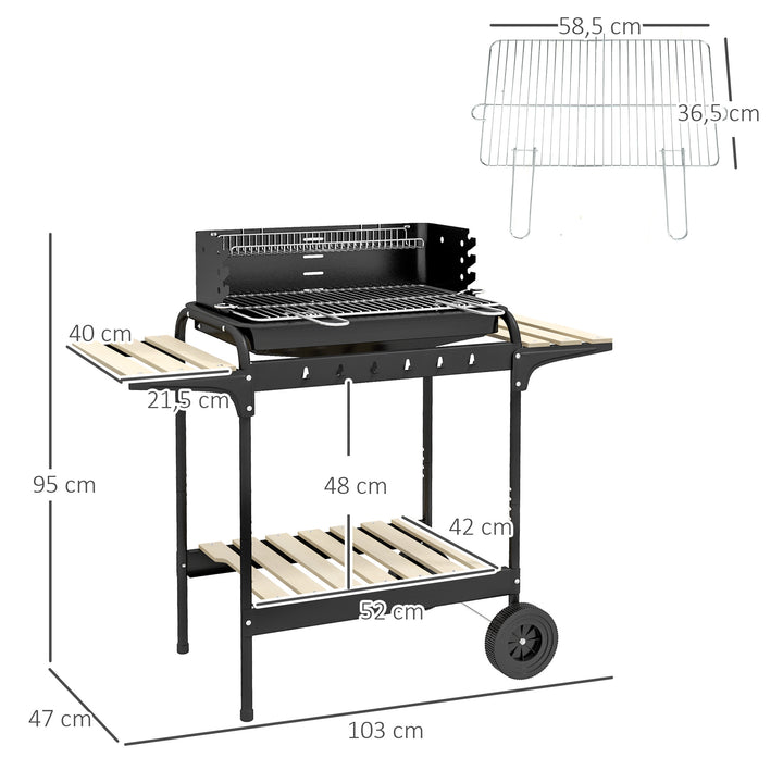 Metalkulgrill BBQ-ryger med hjul, højdejusterbar grillrist, træhylde, 103x47x95 cm, sort