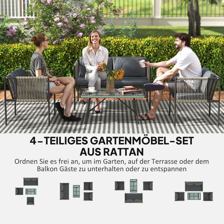 Havemøbelsæt med 4 dele, 1 sofa, 2 lænestole, 1 glasbord, hynder, stålstel, plastikrattan, grå