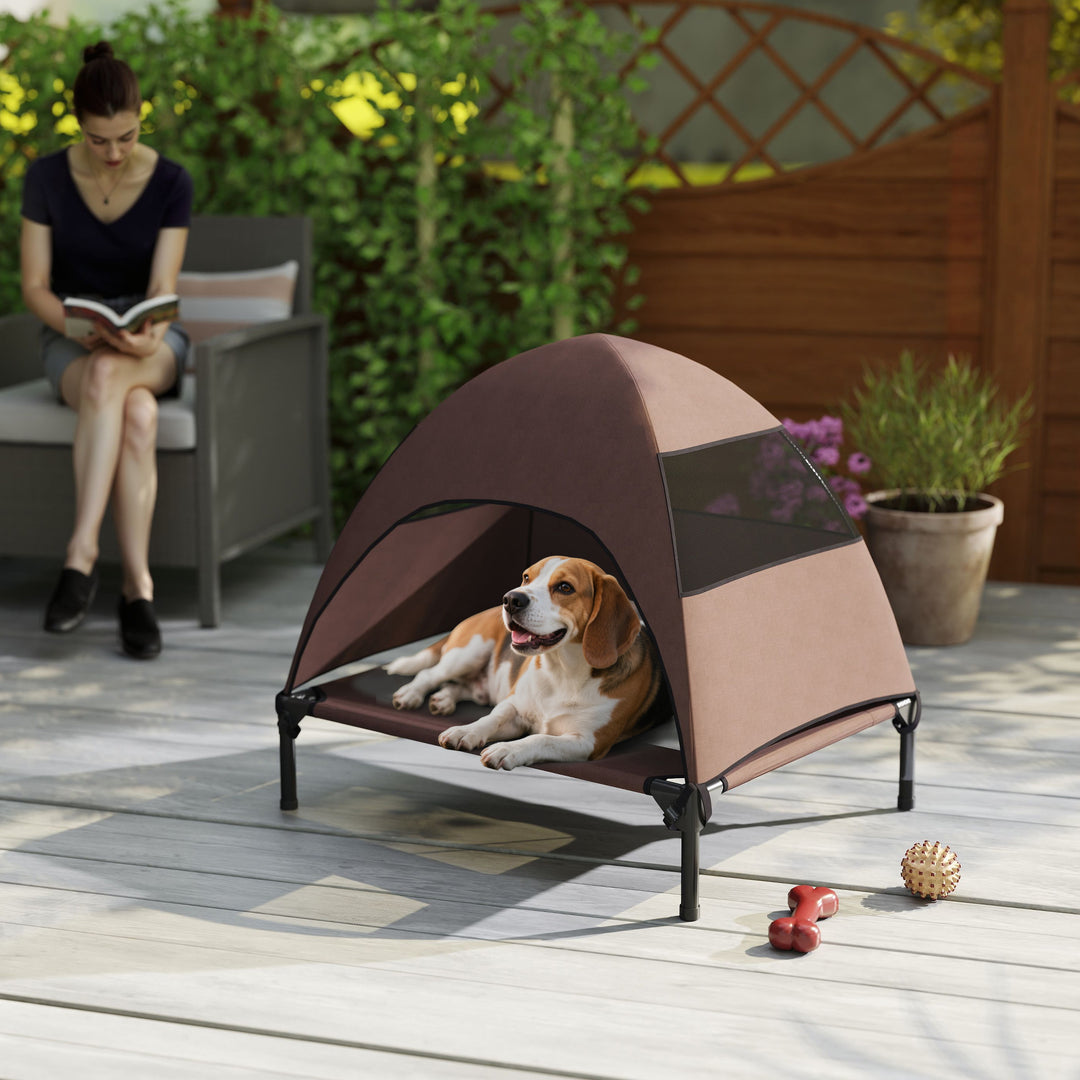 Udendørs hundeseng med tag, hævet hundeseng til mellemstore hunde, 76 x 61 x 71 cm, kaffe