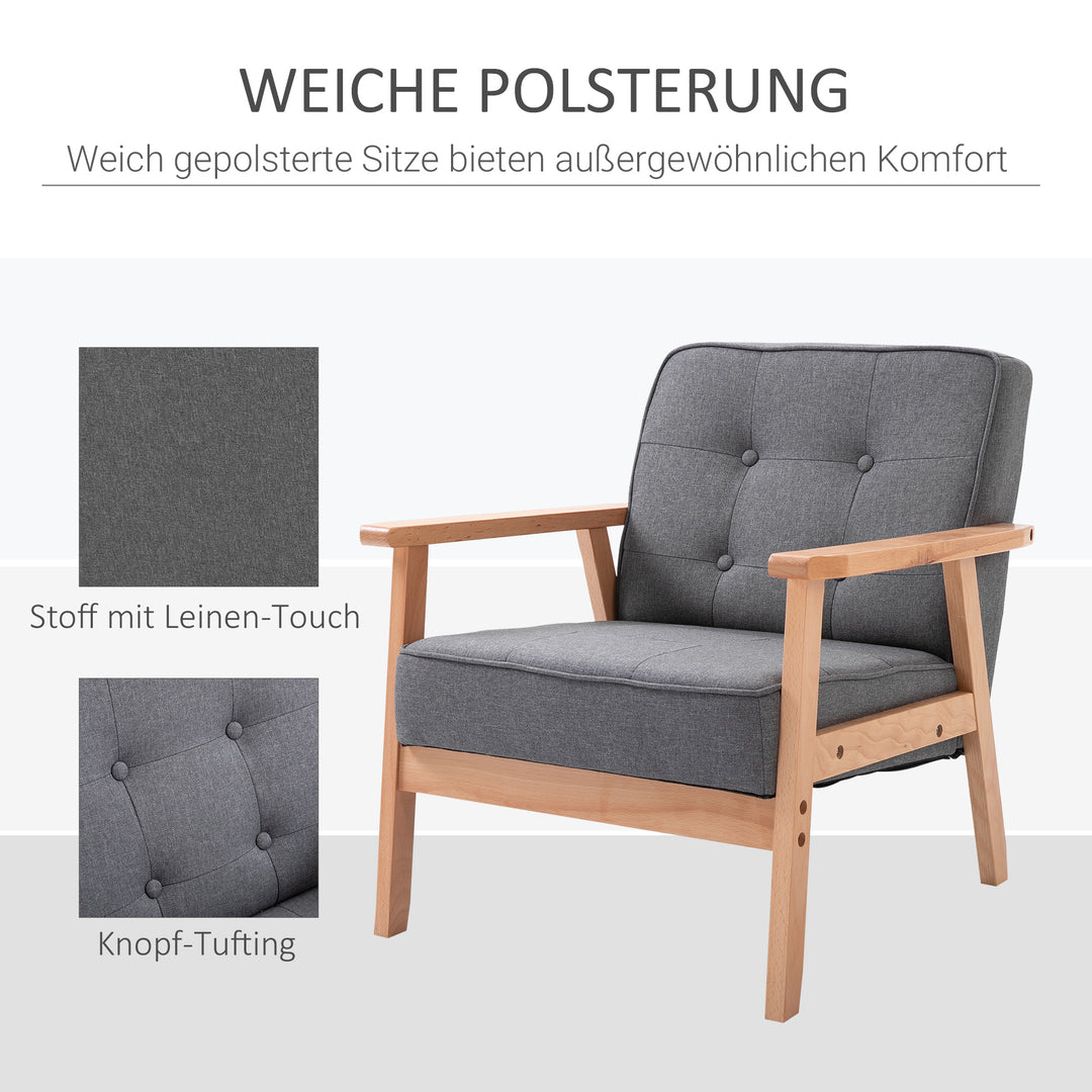Enkelt sofa loungestol polstret stol med armlæn træstel linned grå 64,5 x 70 x 74 cm