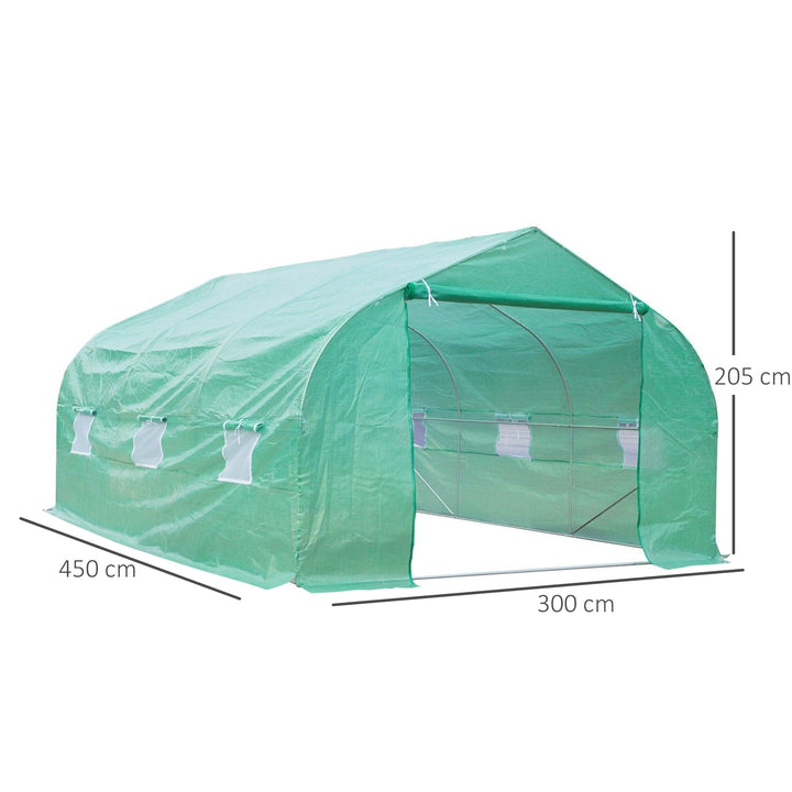 Drivhus 4,5 x 3 x 2 m, foliedrivhus med rulledør, lynlåsdør, 6 netvinduer, støttestænger